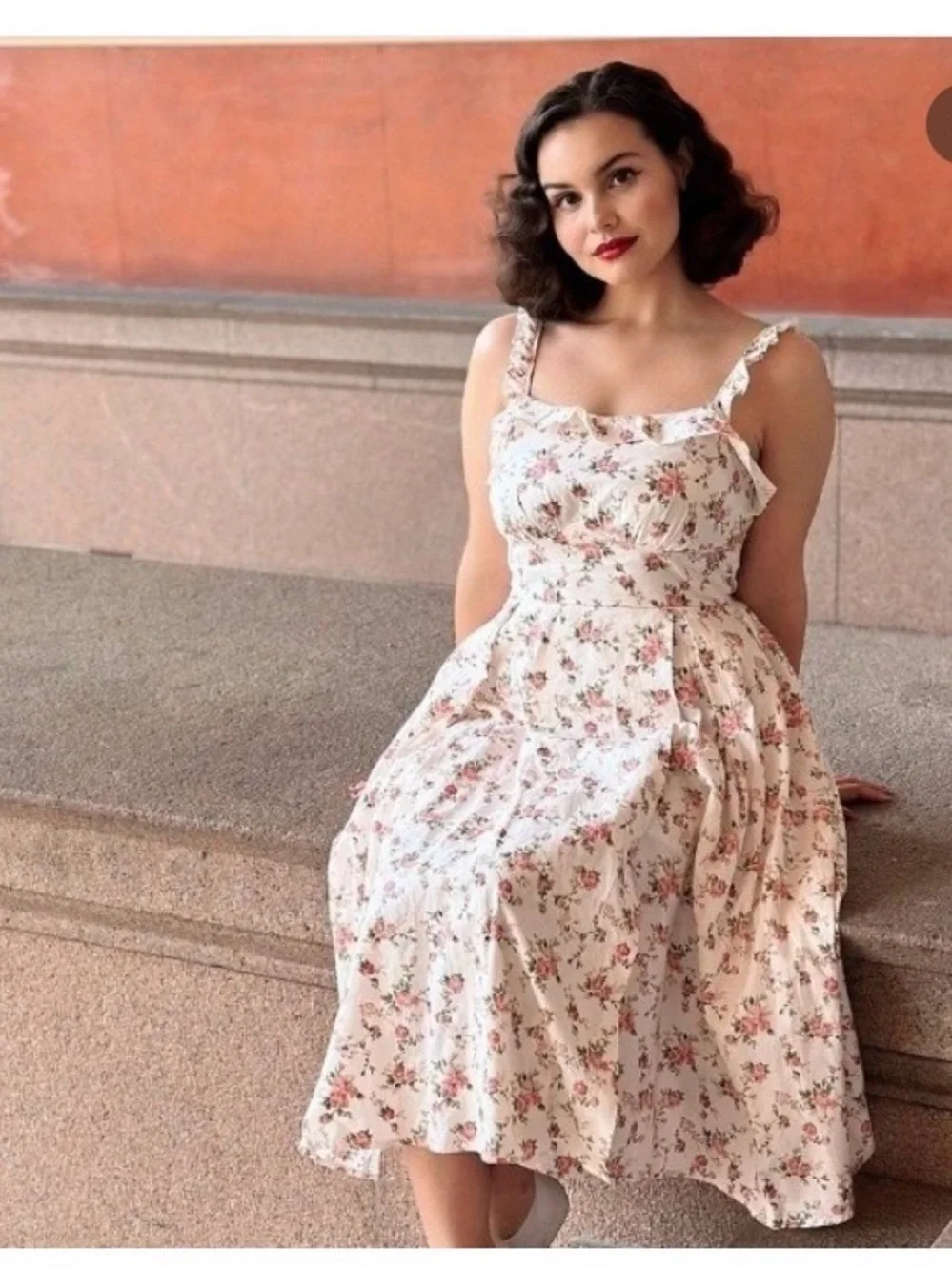 Belle Poque Floral Ruffle Sundress - Cream with Pink Roses. XL